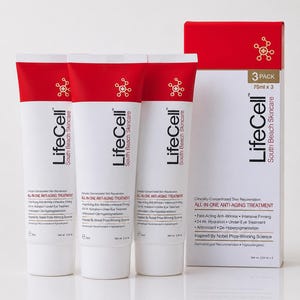 May include: Three white and red tubes of LifeCell South Beach Skincare All-In-One Anti-Aging Treatment alongside a matching rectangular box. Each tube and the box are labeled with 75ml or 2.54 oz net weight and mention fast-acting anti-wrinkle benefits.
