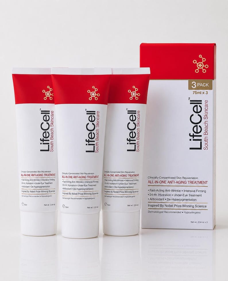 May include: Three white and red tubes of LifeCell South Beach Skincare All-In-One Anti-Aging Treatment alongside a matching rectangular box. Each tube and the box are labeled with 75ml or 2.54 oz net weight and mention fast-acting anti-wrinkle benefits.