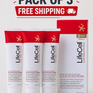 May include: Three white and red tubes of LifeCell South Beach Skincare All-In-One Anti-Aging Treatment, each labeled 2.54 oz, alongside a matching rectangular product box labeled 3 Pack 75ml x 3 and Net wt. 2.54 oz x 3.