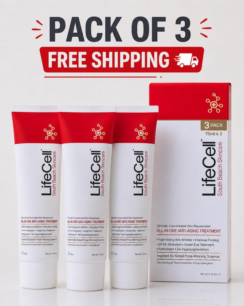 May include: Three white and red tubes of LifeCell South Beach Skincare All-In-One Anti-Aging Treatment, each labeled 2.54 oz, alongside a matching rectangular product box labeled 3 Pack 75ml x 3 and Net wt. 2.54 oz x 3.