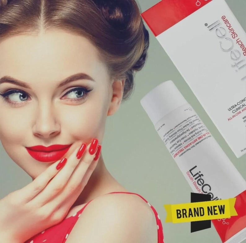 May include: A LifeCell South Beach Skincare tube and box featuring red and white branding. The tube is labeled All-In-One Anti-Aging Treatment and includes a yellow banner with the text BRAND NEW. The packaging displays clinical skincare details.