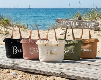 Custom Fringed Canvas Beach Tote Bag: Personalized Embroidered Name, Bridesmaid Gift