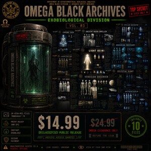 Könnte beinhalten: Ein digitaler Kunstdruck mit dem Titel "Omega Black Archives Vol. 03" mit einer Containereinheit mit einer außerirdischen Figur und einer detaillierten Karte außerirdischer Wesen. Der Druck enthält den Text "Top Secret" und "Declassified Public Release."