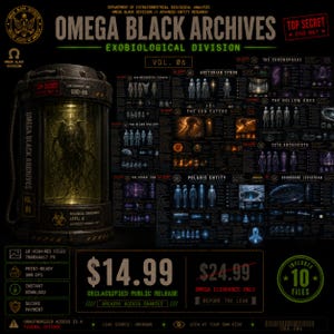 Peut inclure: Graphique de téléchargement numérique "Omega Black Archives, Exobiological Division Vol. 06". L'image présente une unité de confinement, des illustrations d'espèces extraterrestres et le texte "Top Secret". Le téléchargement comprend 10 fichiers haute résolution.