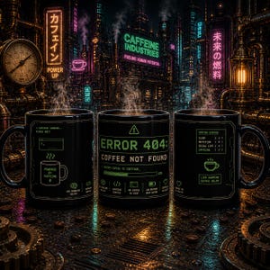 May include: Three black coffee mugs with neon green graphics and text. One mug reads "ERROR 404: COFFEE NOT FOUND." Another says "POWERED BY CAFFEINE." The background features a futuristic cityscape with neon signs.
