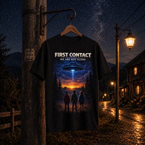 Könnte beinhalten: Ein schwarzes T-Shirt mit einem Grafikdruck von drei Figuren, die bei Sonnenuntergang in einem Wald stehen und zu einer fliegenden Untertasse am Himmel aufblicken. Der Text FIRST CONTACT und WE ARE NOT ALONE ist weiß über dem Motiv gedruckt.
