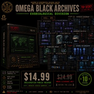 May include: A digital artwork titled "Omega Black Archives: Exobiological Division Vol. 05." The image features a retro-style computer terminal and a detailed chart with alien life illustrations. Text includes "Top Secret" and "Declassified Public Release."