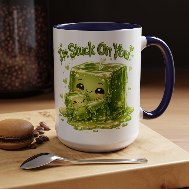 Cute Slime Couple Ceramic Mug, I’m Stuck on You Pun Coffee Cup, Funny Anniversary Gift for Gamer Boyfriend, Kawaii Girlfriend Gift Unisex