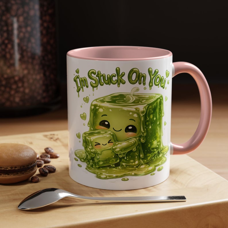 Cute Slime Couple Ceramic Mug, I’m Stuck on You Pun Coffee Cup, Funny Anniversary Gift for Gamer Boyfriend, Kawaii Girlfriend Gift Unisex