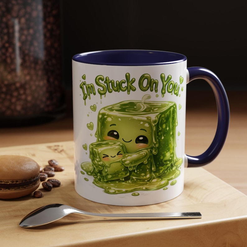 Cute Slime Couple Ceramic Mug, I’m Stuck on You Pun Coffee Cup, Funny Anniversary Gift for Gamer Boyfriend, Kawaii Girlfriend Gift Unisex