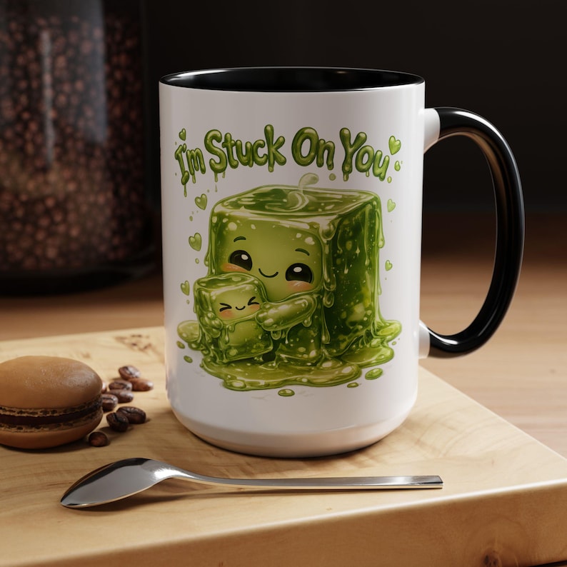 Cute Slime Couple Ceramic Mug, I’m Stuck on You Pun Coffee Cup, Funny Anniversary Gift for Gamer Boyfriend, Kawaii Girlfriend Gift Unisex