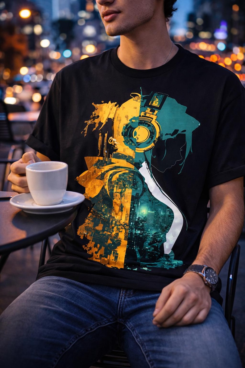 Custom Cyberpunk T-shirt, Futuristic Cityscape Graphic Tee, Synthwave Double Exposure Gamer Shirt, Techwear Sci-fi Gift for Him Her