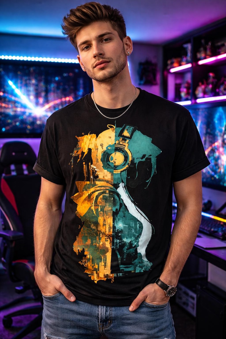 Custom Cyberpunk T-shirt, Futuristic Cityscape Graphic Tee, Synthwave Double Exposure Gamer Shirt, Techwear Sci-fi Gift for Him Her