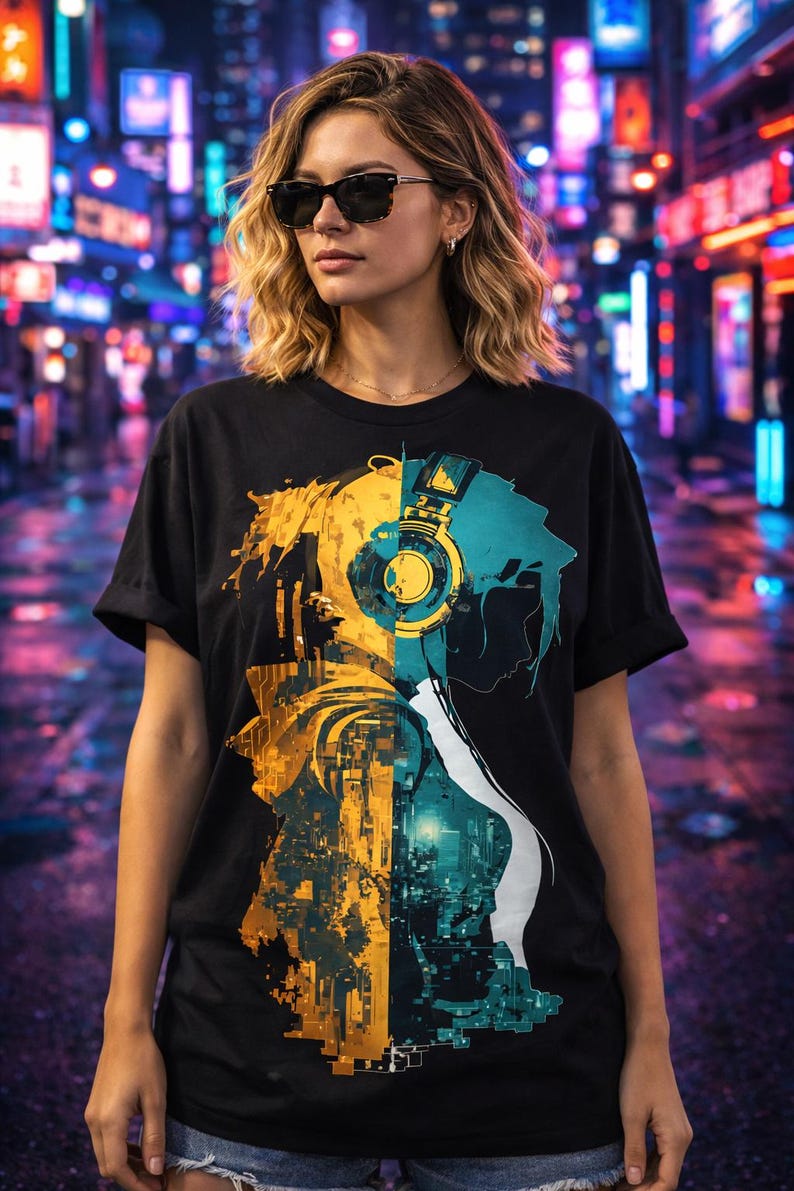 Custom Cyberpunk T-shirt, Futuristic Cityscape Graphic Tee, Synthwave Double Exposure Gamer Shirt, Techwear Sci-fi Gift for Him Her