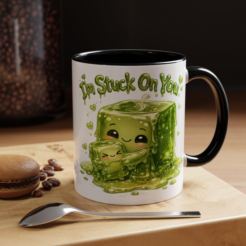 Cute Slime Couple Ceramic Mug, I’m Stuck on You Pun Coffee Cup, Funny Anniversary Gift for Gamer Boyfriend, Kawaii Girlfriend Gift Unisex