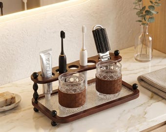 Mittelalterlicher Zahnbürstenhalter aus Holz, Japandi Vanity Tray Organizer