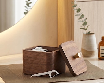 Caja de hilo dental de madera de nogal negro, organizador de hisopos de algodón Japandi, almacenamiento minimalista para tocador.