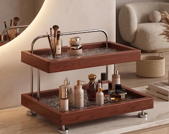 Estante organizador de cosméticos de madera maciza de 2 niveles, organizador de tocador Japandi, expositor de perfumes