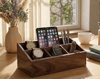 Caja organizadora de escritorio minimalista moderna con compartimentos, fabricada en nogal macizo.