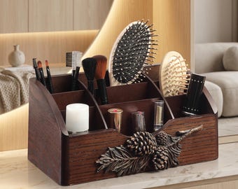 Organizador de madera de nogal Japandi, estante de almacenamiento para cosméticos y productos para el cuidado de la piel con detalles de piña.