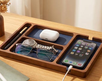 Bandeja organizadora de escritorio de madera maciza para teléfono, gafas, reloj y bolígrafos.