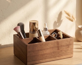 Organizador de escritorio de nogal negro macizo, elegante caja de almacenamiento multifuncional de madera