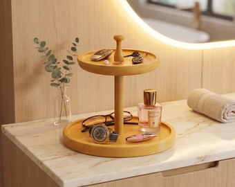Expositor escalonado de bambú estilo Japandi para joyería, cosméticos y entrada.