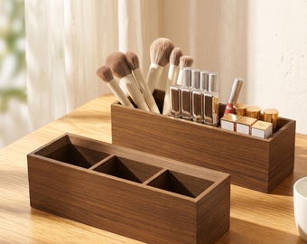 Soporte de madera para brochas de maquillaje, organizador de labiales, caja de almacenamiento con compartimentos para escritorio