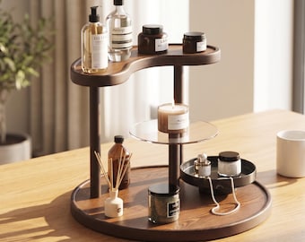 Organizador de cosméticos moderno y minimalista de madera de 3 niveles para productos de cuidado de la piel, perfumes y joyas.