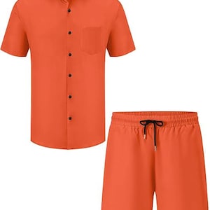Men's Waffle Knit 2 Piece Set, Textured Quarter Zip Polo Shirt and Shorts Tracksuit, Matching Casual Lounge Set