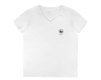 May include: A white V-neck t-shirt featuring a small graphic on the left chest. The graphic depicts a United States flag crossed with two quill pens, surrounded by the text Founding Bulls in a circular arrangement with small stars.