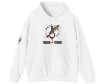 May include: A white hooded sweatshirt featuring a graphic on the chest of a quill pen inside a noose with red blood-like drips. The design includes a circle of red and blue stars, cursive text, and the words TREASON AND FREEDOM. A small flag logo is on the sleeve.