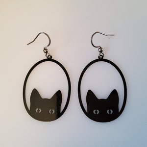 Cat Earrings Black Filigree Peeking Kitty