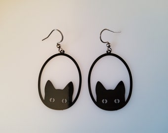 Cat Earrings Black Filigree Peeking Kitty