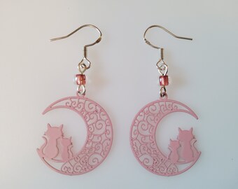 Cat Earrings Pale Pink Filigree Cats on Moon