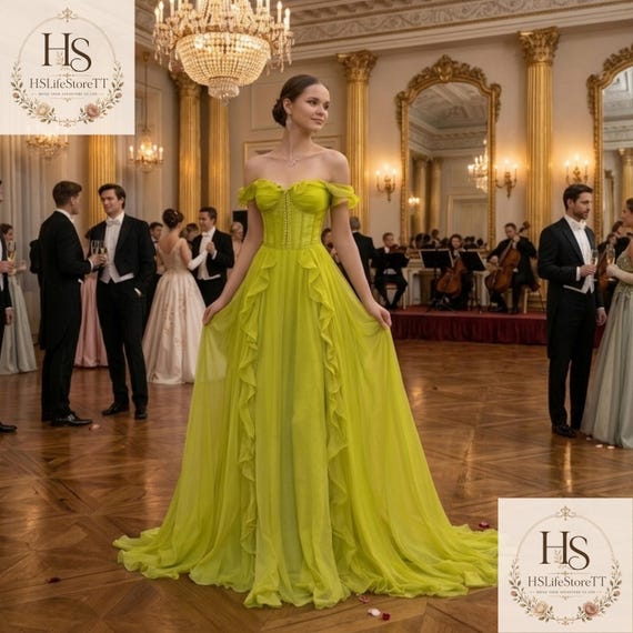 formal lime green dress off Shoulder Ball Gown, Corset Style Maxi Dress, Elegant Wedding Guest & Prom Normal time
