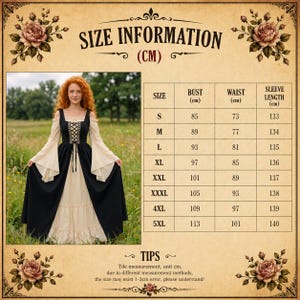 May include: A size information chart for a dress, featuring a table with bust, waist, and sleeve length measurements in centimetres for sizes S through 5XL. The chart includes a photograph of a black and beige dress with long flared sleeves.