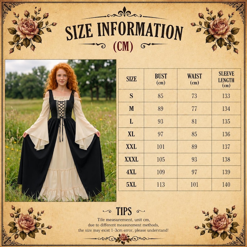 May include: A size information chart for a dress, featuring a table with bust, waist, and sleeve length measurements in centimetres for sizes S through 5XL. The chart includes a photograph of a black and beige dress with long flared sleeves.