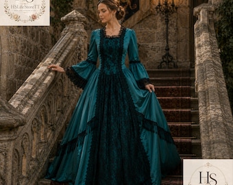 vintage corset dresses victorian Dress Made With Fabric | Handmade Regency | Renaissance Cottage Core | Made to Order benefits:RP_EnergyReturn theater performances Boho-Chic Surfer Wedding Inspiration Clothes Luxury Satin Colors:Green