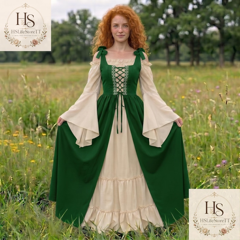 May include: A floor-length dress featuring a dark green bodice with a lace-up front and long, flared beige sleeves. The skirt is layered with a dark green overskirt and a beige underskirt with a ruffled hem. The garment has shoulder ties.