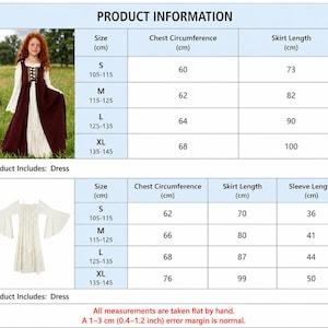 May include: A product information chart for a dress, featuring two tables with size, chest circumference, skirt length, and sleeve length in cm. The text includes 'PRODUCT INFORMATION', 'Product Includes: Dress', and a 1-3 cm (0.4-1.2 inch) error margin.
