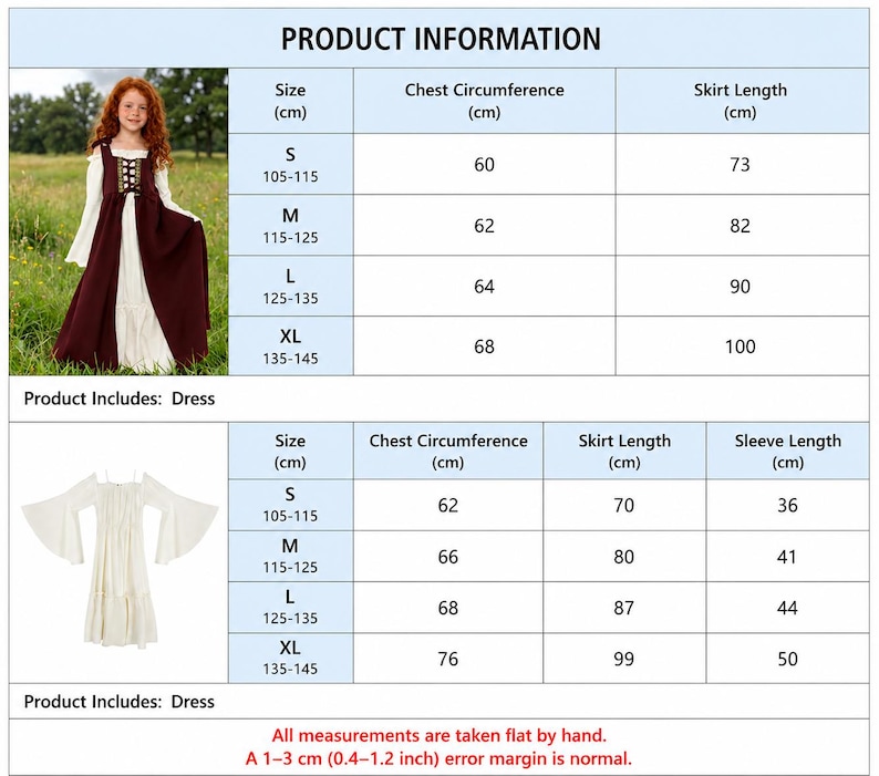 May include: A product information chart for a dress, featuring two tables with size, chest circumference, skirt length, and sleeve length in cm. The text includes 'PRODUCT INFORMATION', 'Product Includes: Dress', and a 1-3 cm (0.4-1.2 inch) error margin.