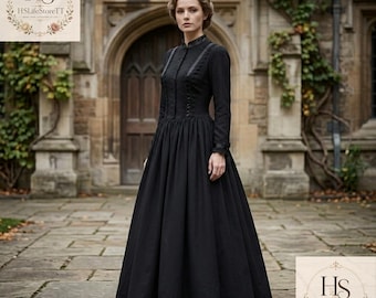 Victorian Mourning Dress, Black Gothic Gown, Dark Academia Dress,Dress