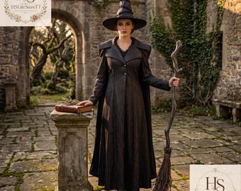 Witch Costume Dress, Gothic Halloween Gown with Cape & Hat