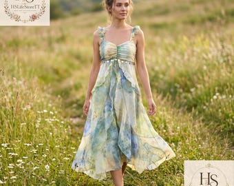 Ocean Mist Ruffle Maxi Dress,Watercolor Summer Dress,Elegant Party Gown