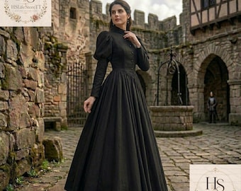 ヴィクトリア朝の喪服、黒のゴシックガウン、ダークアカデミアドレス、ゴシック