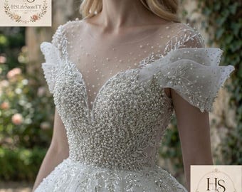 Vestido de novia de perlas de lujo, vestido de baile nupcial de lujo, vestido de novia