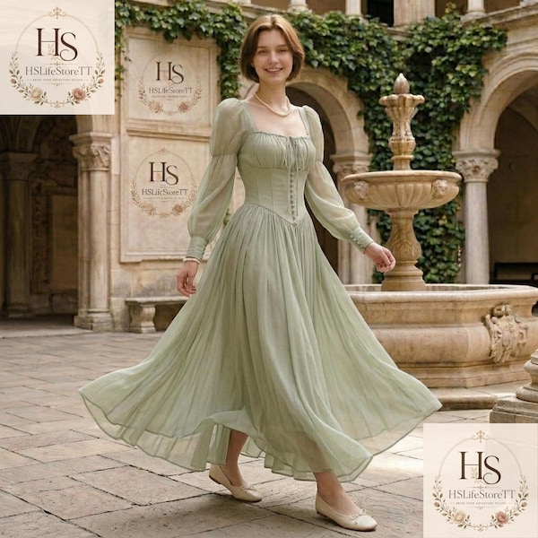 Cottagecore Princess Dress Vintage Corset Midi Dress Romantic Bridal Guest Fairy Gown