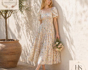 Romantic Floral Victorian Maxi Dress,Cottagecore Puff Sleeve Lace Gown