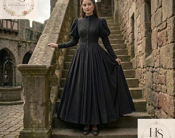 Abito da lutto vittoriano, abito gotico nero, abito lungo dark academia, costume del XIX secolo, abito da sposa gotico, costume cosplay storico